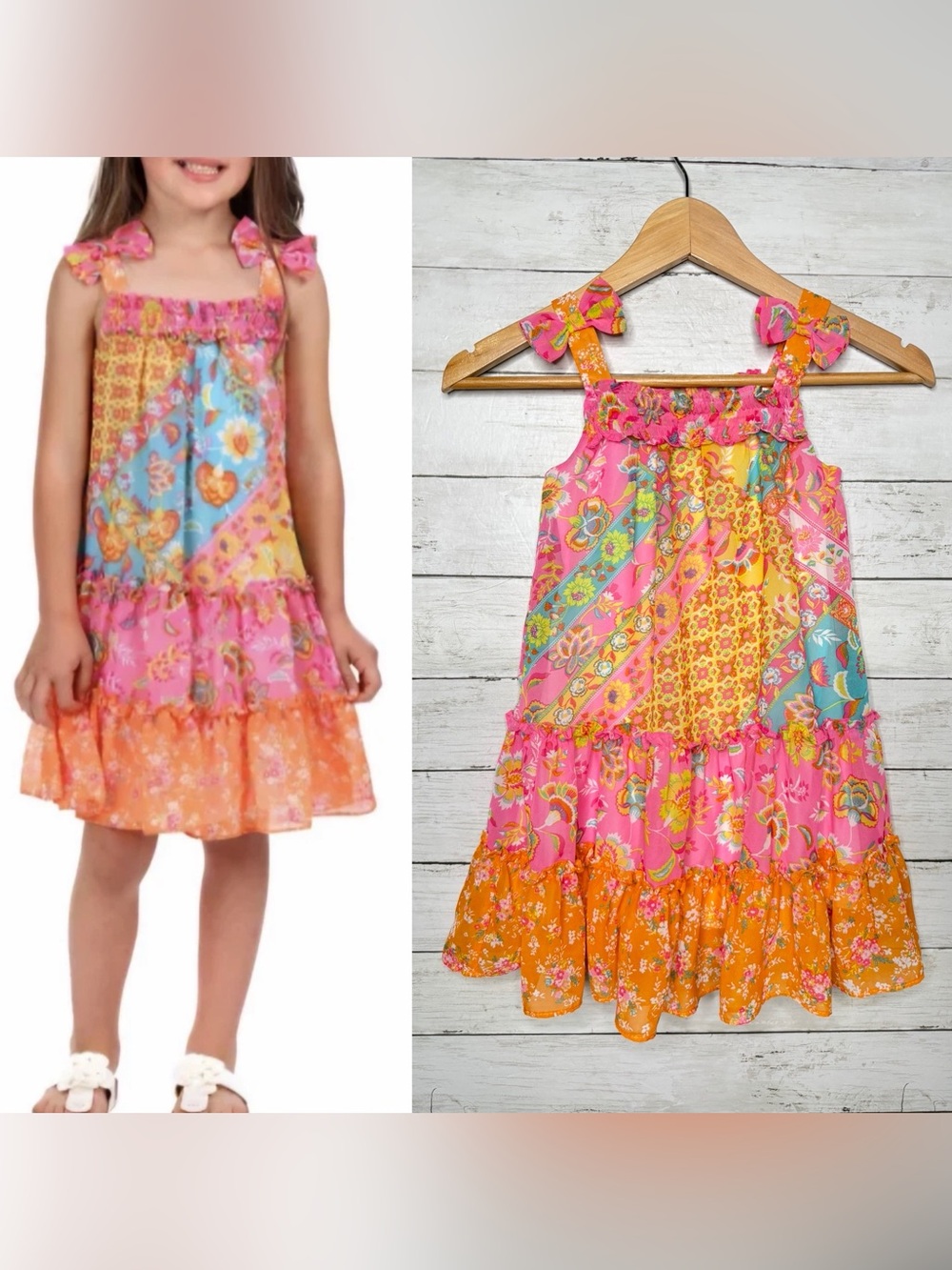 Jona Michelle Girls Size 5 Boho Floral Patchwork Tiered Dress Bow Straps